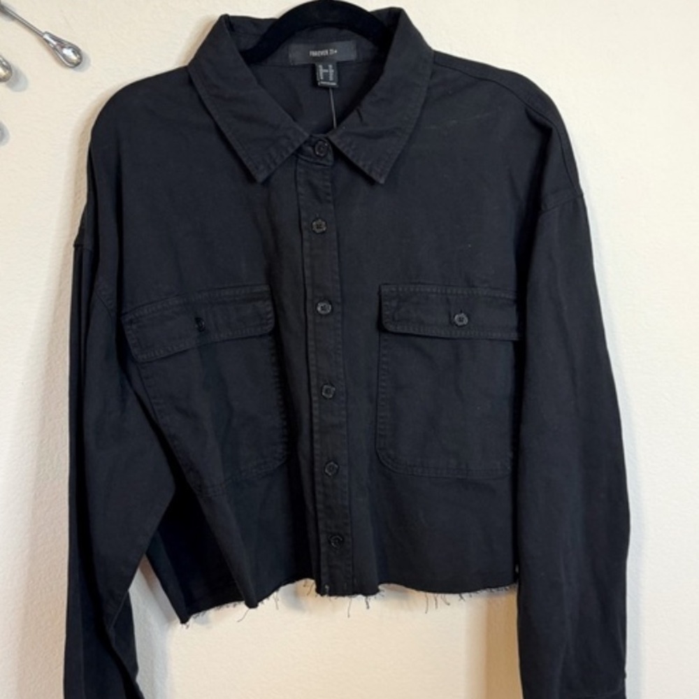 Cropped Black Cotton Raw-Cut Long Sleeve Shirt Jacket Top size 2X NWT - Picture 4 of 7